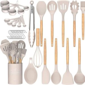 Umite Chef Kitchen Cooking Utensils Set, 33 pcs Non-Stick Silicone Cooking Kitchen Utensils Spatula Set with Holder, Wooden Handle Silicone Kitchen Gadgets Utensil Set (Khaki))